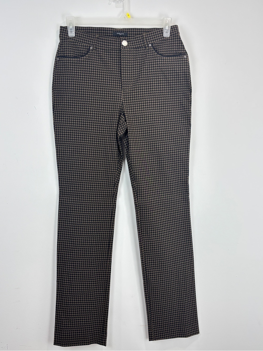 Simon Chang Houndstooth Slim Straight Pants Brown Black Stretch 12 Career Office
